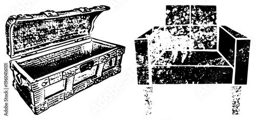 Antique trunk with ornate latches and open lid, vintage armchair with blocky design, distressed halftone texture, rustic furniture, black and white vector illustration.