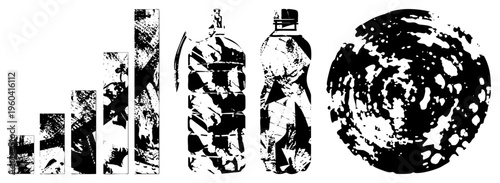 Fragmented halftone, distressed bottle shapes, gritty textures, graphic design elements, vector art, digital illustration.