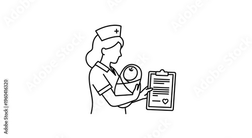 Nurse holding baby and medical chart, new life, healthcare, and medical record