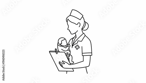 Nurse holding baby and writing on clipboard, line art illustration
