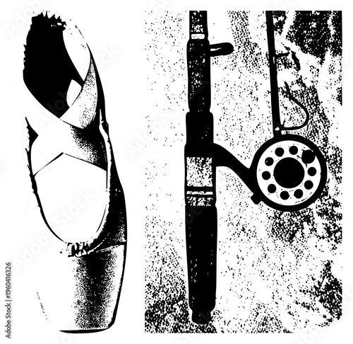 Retro rotary telephone with circular dial and handset, paired with stylized abstract sculpture, halftone texture, vector illustration.