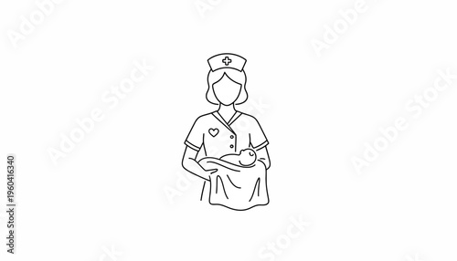 Nurse holding a newborn baby in her arms, line art illustration