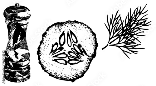 Culinary seasoning tools and herbs, pepper grinder, sliced cucumber with seeds, fresh dill sprig, halftone texture, food illustration, kitchen elements.