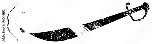 Antique saber and bow arrow silhouette with distressed texture, historical weapon graphic, isolated vector illustration, combat tool design,.