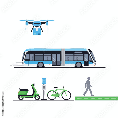 Futuristic transport drone, articulated bus, scooter, bicycle, pedestrian, and a smart kiosk
