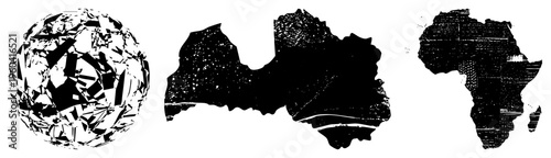 Abstract globe with shattered facets, continent silhouettes of Africa and Eurasia, halftone texture, isolated vector graphics, geographic art, global design.