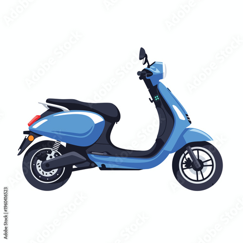 Blue electric scooter, sleek modern design, parked in a studio