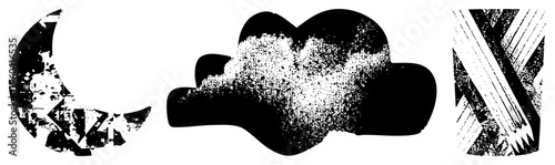 Distressed moon with fragmented typography, halftone cloud with speckled gradient, angular abstract with texture, vector art, isolated graphic elements.