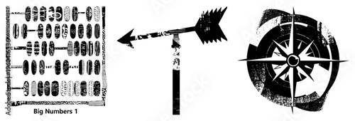 Antique calculation tool, directional arrow, compass rose textured black vector, grunge style, isolated foreground elements, navigational and mathematical symbols.