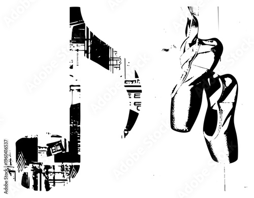 Ballet pointe shoes and musical notes rendered in bold black and white halftone style, artistic performance, dance and music fusion, graphic illustration.