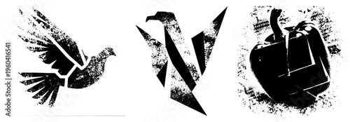 Abstract bird silhouettes in motion, and hawk with halftone grit, with distressed texture, vector art, graphic design elements.