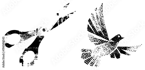 Stylized scissors and flying bird rendered in halftone dots, graphic design elements, vector art,, isolated, cutout symbols.