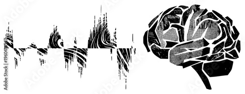 Stylized brainwave visualization alongside a fragmented halftone brain, vector art, black and white, neuroscience graphic, isolated elements.