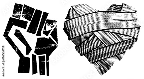 Graphic of clenched fist and heart wrapped in bandages, protest symbol, emotional strength, activist, solidarity art, black and white vector design.