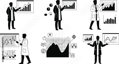 Data analyst silhouette, business presentation, chart report, graph analysis, corporate job, research work, professional occupation, statistics study