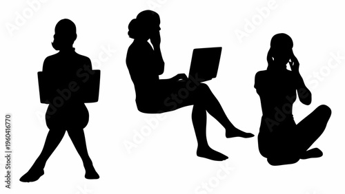 Remote worker silhouettes black vector set people working on laptop phone and documents in various poses