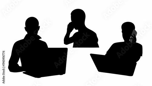 Remote workers in black silhouette working on laptops in a vector set