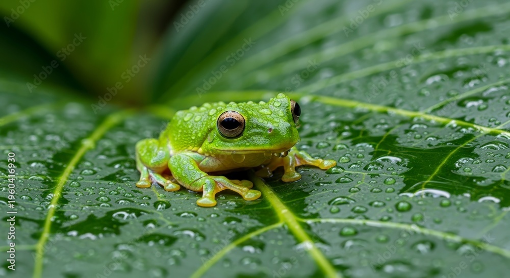 Obraz premium Small green frog on wet leaf.