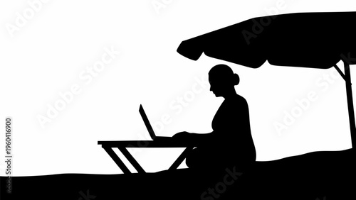 Digital nomad working on laptop under beach umbrella in black silhouette vector