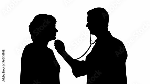 Doctor checking patient with stethoscope in black silhouette vector