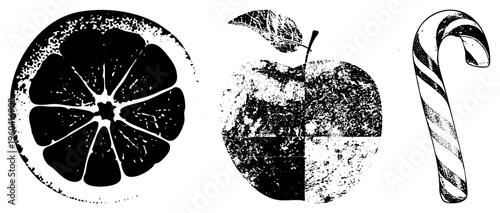 Black and white halftone illustrations of citrus slice, with leaf, and candy cane, stylized graphic, isolated vector elements, vintage print aesthetic.