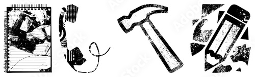 Retro styled notebook, rotary phone, hammer, pencil with grunge texture, vector, distressed design, graphic symbols for design, tech, and utility themes.