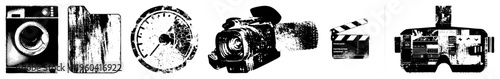 Washed out film camera, clapperboard, VR headset, speedometer, folder, washing machine gritty tools, analog tech, retro digital artifacts.