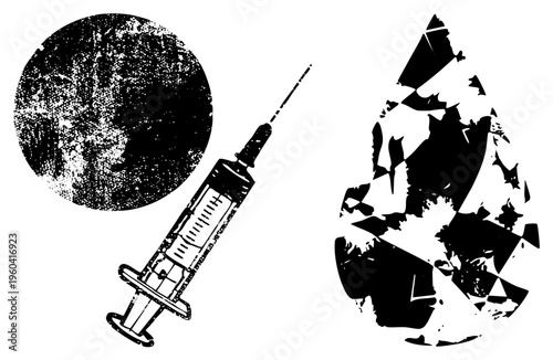 Black and white vector illustration of syringe, fragmented blood drop, and textured moon symbol, medical, stylized health.