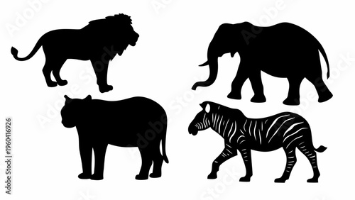 Black silhouettes of lion elephant rhinoceros and zebra on white background wild animal vector collection