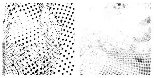 Black dot halftone transitioning from sparse to dense, graphic texture, vector art, print design element, composition.