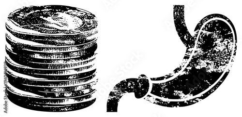 Money stack symbolizing savings or wealth, human stomach organ, financial wellness, budgeting, digestive health, economic stress, money management.