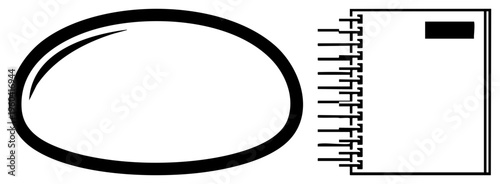 Minimalist black oval and spiral bound notebook, flat vector design, graphic elements for UI, digital interface, or branding assets.