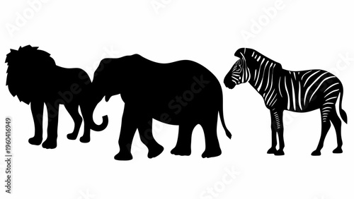 Black silhouettes of lion elephant and zebra standing side by side on white background wild animals vector