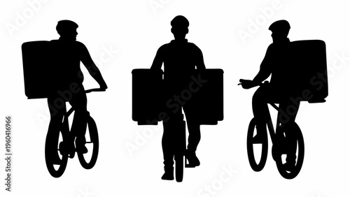 Delivery riders in black silhouette on white background carrying packages on bicycles