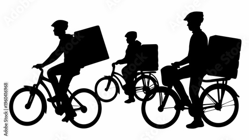 Collection of delivery riders in black silhouette riding bicycles with packages