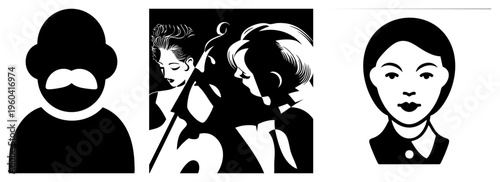Stylized black and white of a mustachioed man, violinists, and a woman in collar, minimalist vector art, graphic design elements, retro aesthetic.