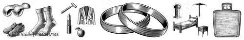 Classic illustration of daily use objects like footwear, apparel, cosmetics, and wedding rings. Hand drawn sketch with fine hatching, timeless design, isolated foreground elements.