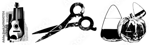 Halloween themed graphic with candy corn, carved pumpkin, scissors, and guitar, halftone style, isolated vector elements for design use.