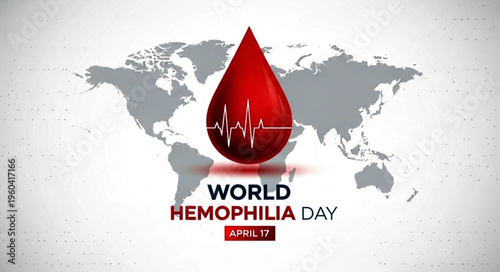 World Hemophilia Day Awareness Banner with Red Blood Drop on Global Map Background Representing Blood Disorder Support and Healthcare Campaign