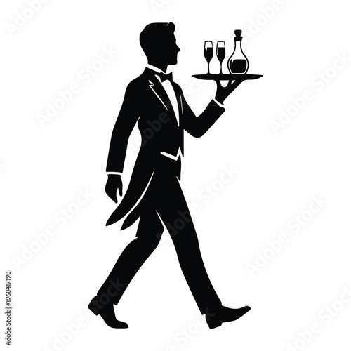 Elegant waiter silhouette carrying tray with grace Icon Silhouette vector black design on a white background