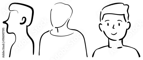 Stylized human head sketches showing side, rear, and front perspectives, minimalist art, character design study, flat vector illustration.