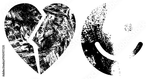 Cracked heart symbolizing heartbreak, distressed phone receiver, graphic, emotional communication, digital art, vector illustration.