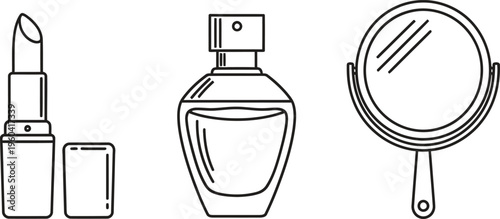 Minimalist outline vector icons of beauty and cosmetic products featuring lipstick perfume bottle and a hand mirror ideal for fashion personal care or e-commerce web elements