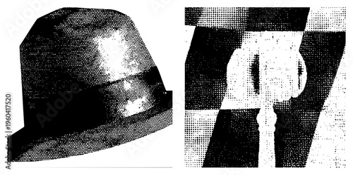 Black and white halftone rendered hat and clenched fist, geometric shapes, stylized graphic, vector illustration, bold contrast, isolated symbols.