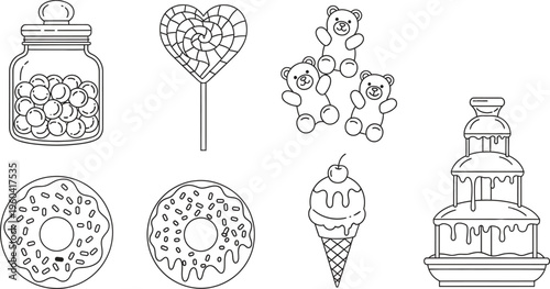 Outline collection of sweet treats and desserts including candy donuts ice cream and a chocolate fountain perfect as design elements