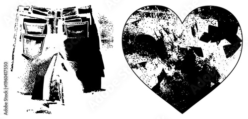 Graphic vector illustration of classic denim jeans with halftone texture, paired with a cracked heart shape filled with abstract grit ideal for streetwear or emotional branding concepts.