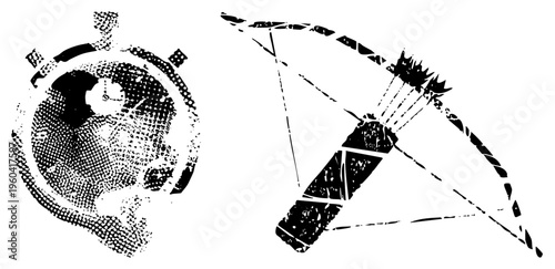 Stylized compass rose and bow and arrow rendered in halftone, graphic design elements, vector art, illustration, retro aesthetic.