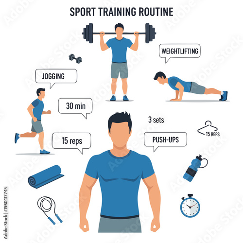 Sport training routine with exercises like weightlifting, jogging, and push-ups