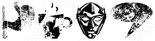 Stylized mask with fragmented, textured shapes, graphic design elements, vector art, artistic abstraction, modern illustration.