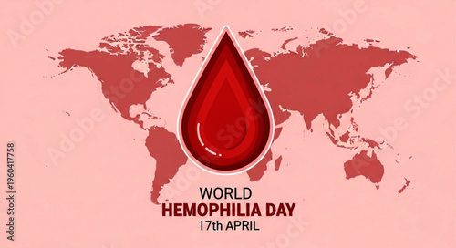 Red Blood Drop on World Map Background Representing Global Hemophilia Awareness and Healthcare Campaign for World Hemophilia Day